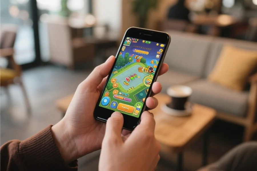 一只手正在使用智能手机，屏幕上显示精美的游戏界面，背景为休闲环境，如咖啡馆或客厅